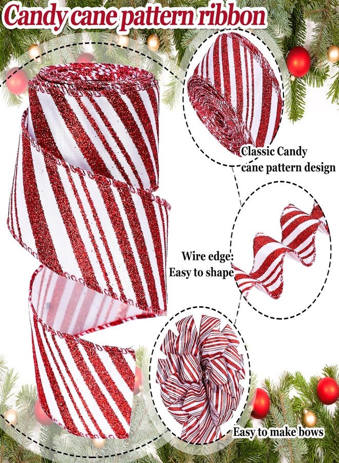 Whaline 2 Rolls 20 Yards Christmas Wired Edge Ribbons Glitter Red White Stripes Ribbon Christmas Candy Cane Gift Wrapping Ribbons for DIY Wreath Floral Arrangement Bow Decoration Supplies, 1.5 Inch - Image 3